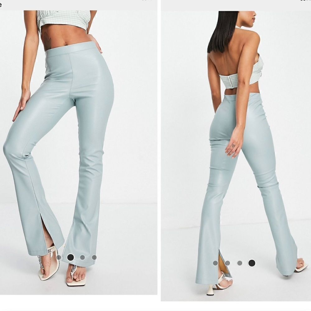 Topshop faux leather flared pant with split hem in blue size 8 NWOT